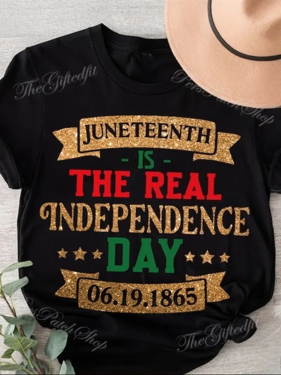 Tops - Juneteenth Graphic Tee with Gold Lettering - Black- unisex